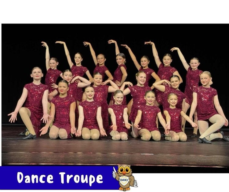 A photo of our Dance Troupe students representing MPS at Hunter Dance Festival in 2025 wearing bright, sparkly costumes.